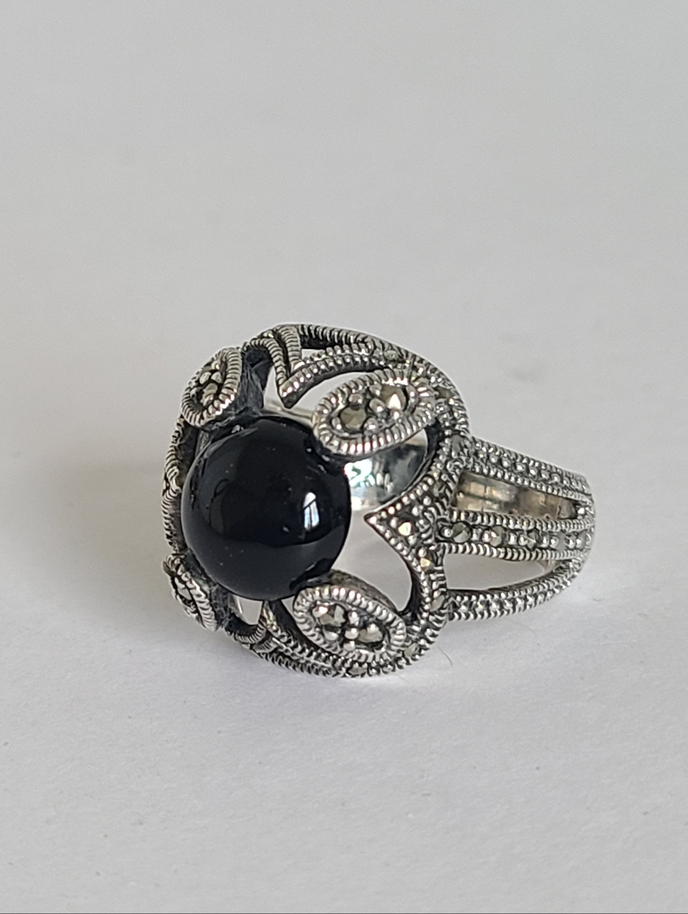 Vintage Boho Sterling Silver Black Onyx Floating Cabochon Marcasite Crystal Ring - Picture 3 of 14